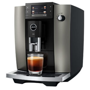 JURA E6 Dark Inox koffie-volautomaat voor thuis zijkant