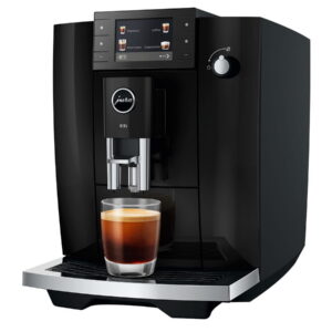JURA E6 Piano Black koffie-volautomaat voor thuis zijkant